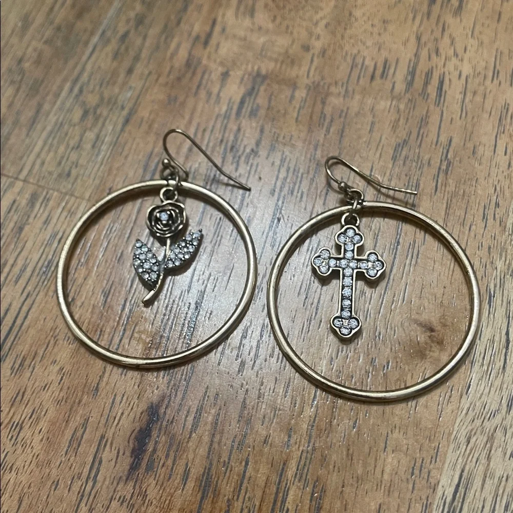 Vintage Gold Hoop Earrings Crystal Rose and Cross Charms Mismatched Jewelry